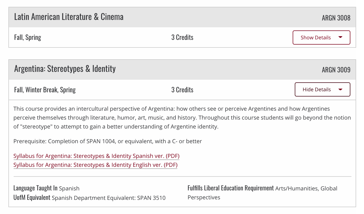 Example of course description for Argentina: Stereogypes & Identity